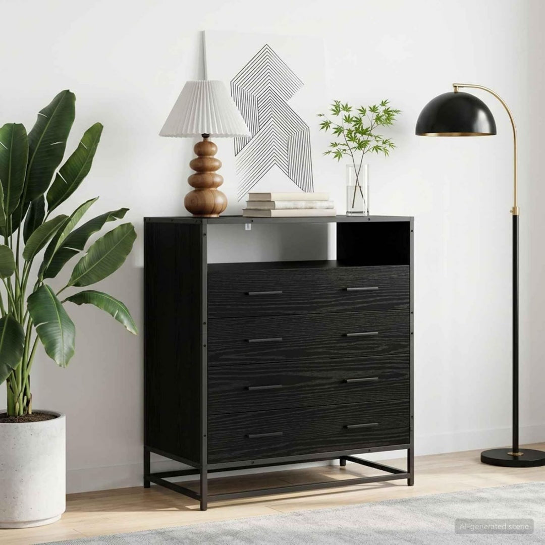 Sideboard verbindet geschlossenen Stauraum und Schubladen in Schwarz und Eichenbraun