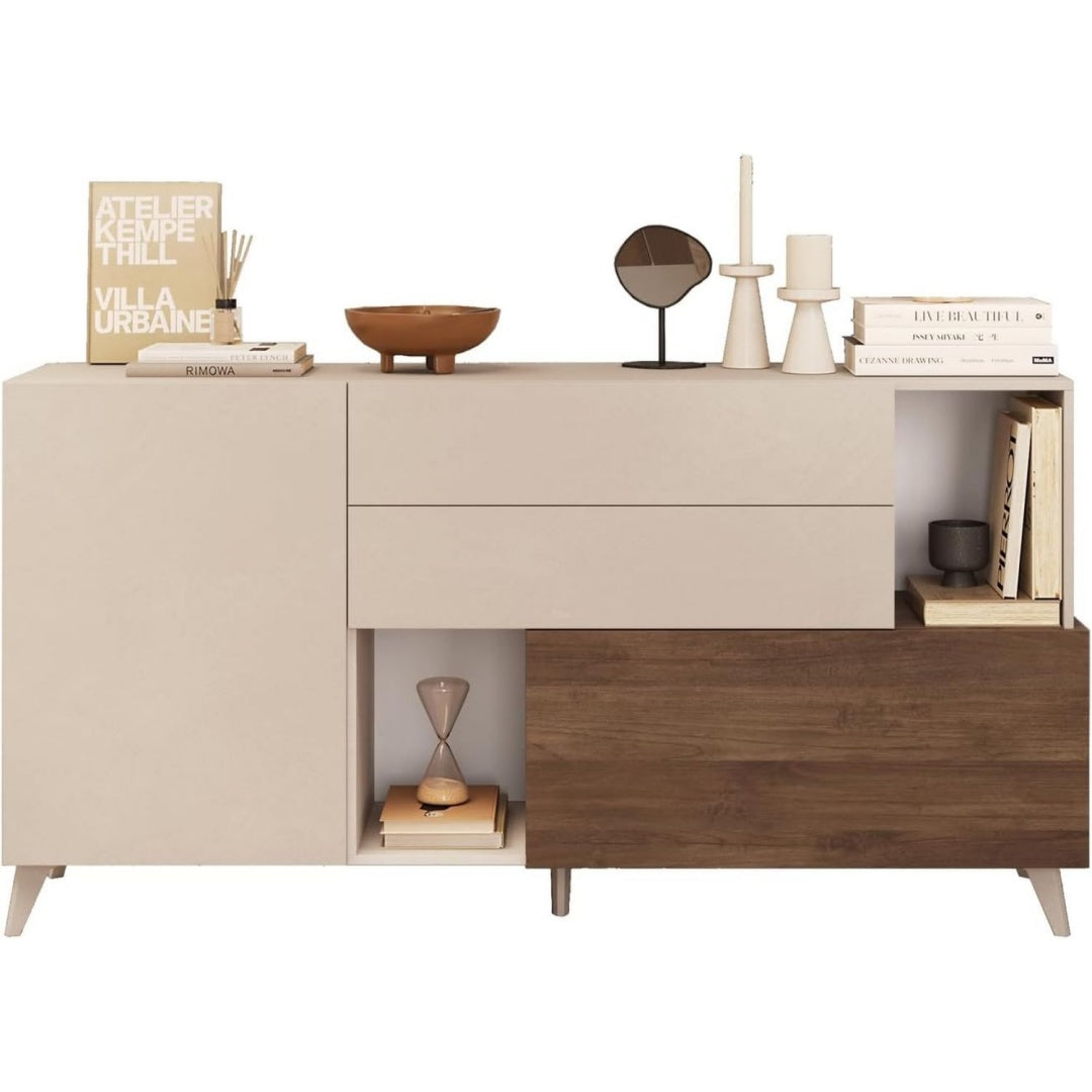 Sideboard mit offenen Ablagen, Schubladen und grifflosen Fronten