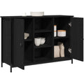 Das Sideboard misst 100 x 35 x 70 cm in Schwarz und Eichenbraun