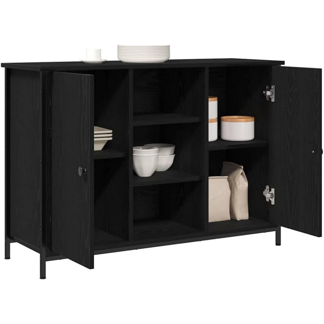 Das Sideboard misst 100 x 35 x 70 cm in Schwarz und Eichenbraun