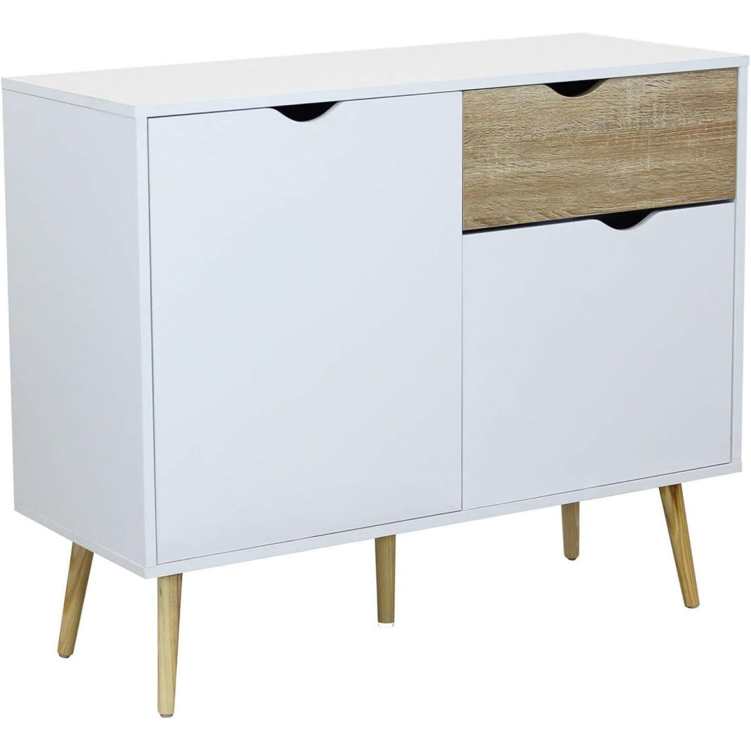 Eine Schublade praegt das Sideboard in Weiss