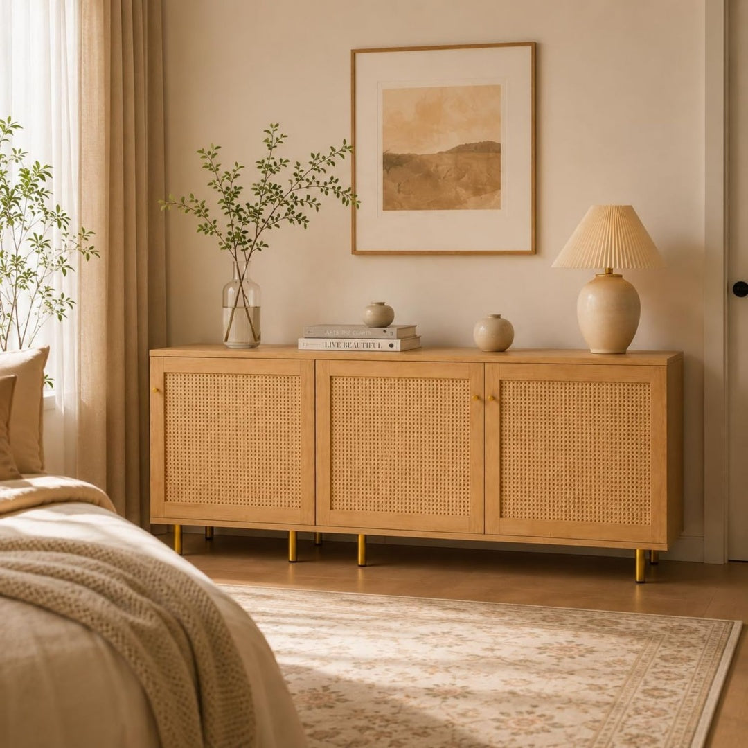 Sideboard mit einem Metallgestell, Flechtoptik und Metallgriffen